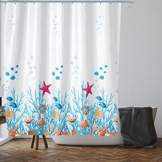 Sea Life Shower Curtain - Anti-Mould, Mildew Resistant | Size 180x180 cm (71 x 71 Inch) | Water Repellent Polyester Fabric