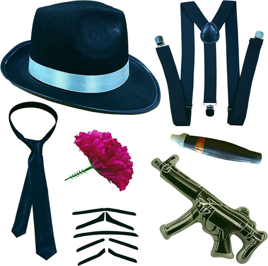 Gangster 1920s Fancy Dress Costume Set Accessory - Includes Hat, Tie, Y-Back Suspender, and More