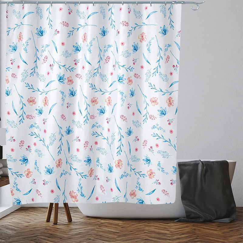 Blue/Pink Floral Shower Curtain | Anti-Mould, Mildew Resistant | 180x180 cm (71 x 71 Inch) | Water Repellent Fabric | Stainless Steel Rings