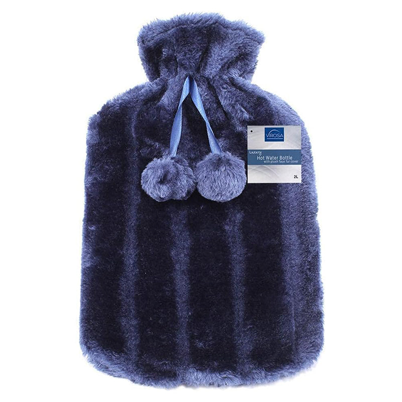 Hot Water Bottle with Cozy Royal Blue Fluffy Cover | Best for Relief from Back, Neck, and Leg Muscle Pain and Cramps