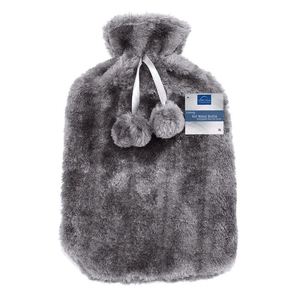 Large 2L Hot Water Bottle with Premium Cozy Fluffy Cover - Ideal for Relief from Muscle Pain and Cramps (Dark Grey)