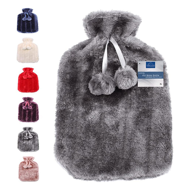 Large 2L Hot Water Bottle with Premium Cozy Fluffy Cover - Ideal for Relief from Muscle Pain and Cramps (Dark Grey)