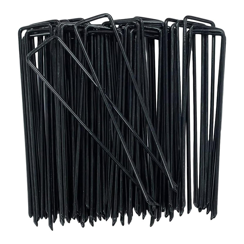 200-Pack Black Garden Pegs, 6''/150mm - Galvanised Steel Stakes, Landscape Staples, U-Shaped Nail Pins