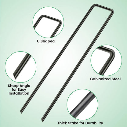 200-Pack Black Garden Pegs, 6''/150mm - Galvanised Steel Stakes, Landscape Staples, U-Shaped Nail Pins