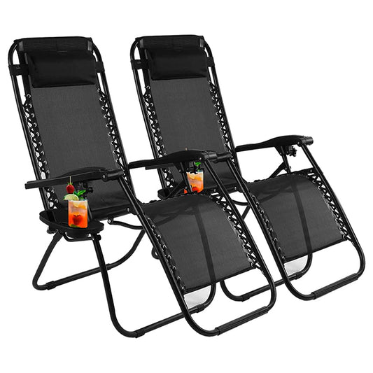 Set of 2 Black Zero Gravity Chairs - Reclining & Folding Garden Loungers Made with Heavy Duty Textoline - Includes Cup Holder and Headrest Pillow