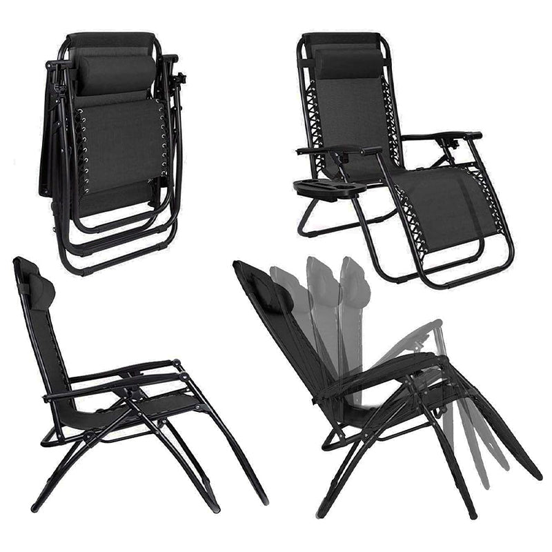 Set of 2 Black Zero Gravity Chairs - Reclining & Folding Garden Loungers Made with Heavy Duty Textoline - Includes Cup Holder and Headrest Pillow