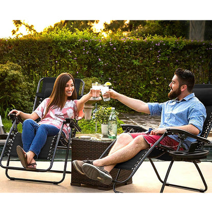 Set of 2 Black Zero Gravity Chairs - Reclining & Folding Garden Loungers Made with Heavy Duty Textoline - Includes Cup Holder and Headrest Pillow