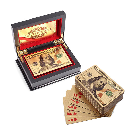 24k Carat 100 Dollar Gold Plated Poker Cards | Includes Deluxe Wooden Gift Box, Ideal for Family, Magic Party Game