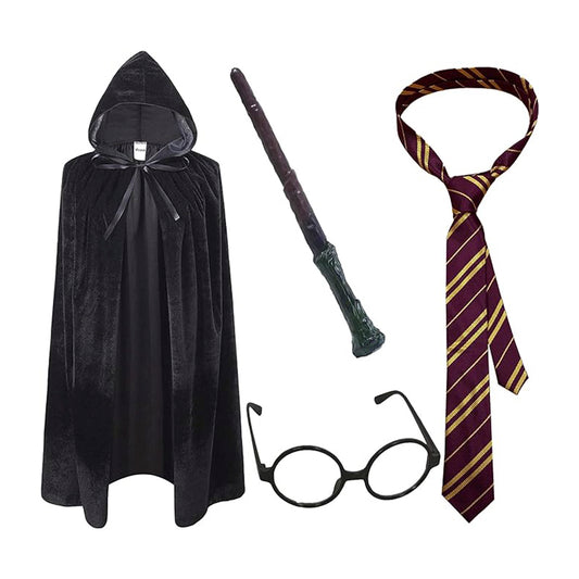 4PC Wizard Cape School Boy Fancy Dress Costume Accessory | Includes Tie, Glasses, Wizard Wand, Black Cape